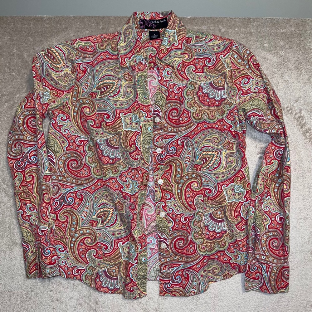 Peck & Peck Red Paisley Button Down Shirt Womens 4 Cotton Long Sleeve Top